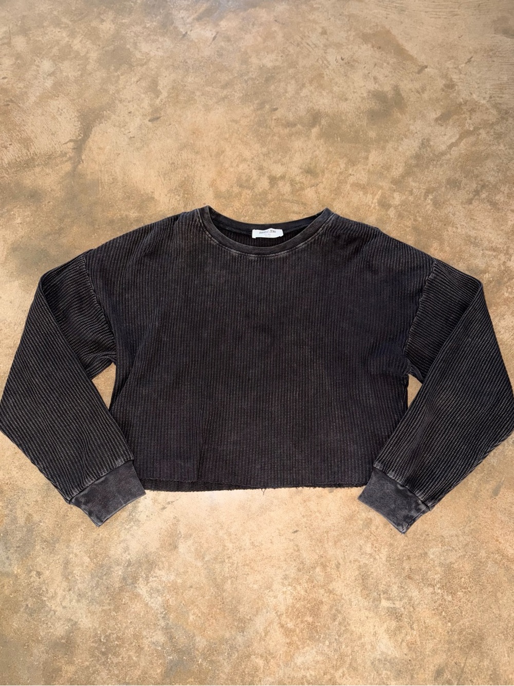 Double Zero Washed Black Waffle Thermal Cropped Long Sleeve Tee Small Oversized